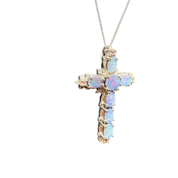 Ethiopian Opal Cross Pendant Necklace Sterling Silver 19 1/2" Chain - Picture 10 of 11